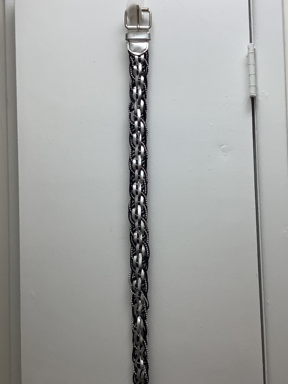 Strands of black and silver faux leather+silver tone chain+buckle Braided belt